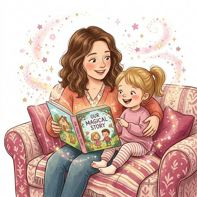 Madre e hija leyendo un cuento personalizado Rasti